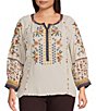 John Mark Plus Size Woven Mixed Print Embroidered Round Neck 3/4 Raglan Sleeve Tunic - Image 1