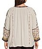 John Mark Plus Size Woven Mixed Print Embroidered Round Neck 3/4 Raglan Sleeve Tunic - Image 2