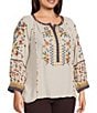 John Mark Plus Size Woven Mixed Print Embroidered Round Neck 3/4 Raglan Sleeve Tunic - Image 3
