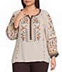 John Mark Plus Size Woven Mixed Print Embroidered Round Neck 3/4 Raglan Sleeve Tunic - Image 1