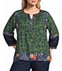 John Mark Plus Size Woven Mixed Print Patchwork Y-Neck 3/4 Sleeve Peasant Top - Image 1
