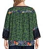 John Mark Plus Size Woven Mixed Print Patchwork Y-Neck 3/4 Sleeve Peasant Top - Image 2