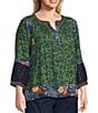 John Mark Plus Size Woven Mixed Print Patchwork Y-Neck 3/4 Sleeve Peasant Top - Image 3