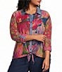 John Mark Plus Size Woven Mixed Print Point Collar Long Roll-Tab Cinched Sleeve Button Front Blouse - Image 1
