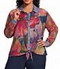 John Mark Plus Size Woven Mixed Print Point Collar Long Roll-Tab Cinched Sleeve Button Front Blouse - Image 3