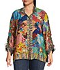 John Mark Plus Size Woven Multi Abstract Patch Print Wire Collar 3/4 Sleeve Button Front Blouse - Image 1