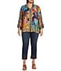 John Mark Plus Size Woven Multi Abstract Patch Print Wire Collar 3/4 Sleeve Button Front Blouse - Image 3