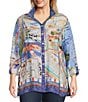 Color:Multi - Image 1 - Plus Size Woven Novelty Print Wire Collar 3/4 Roll-Tab Sleeve Button-Front Tunic