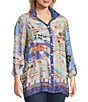Color:Multi - Image 3 - Plus Size Woven Novelty Print Wire Collar 3/4 Roll-Tab Sleeve Button-Front Tunic