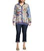 Color:Multi - Image 4 - Plus Size Woven Novelty Print Wire Collar 3/4 Roll-Tab Sleeve Button-Front Tunic