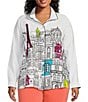 Color:White Multi - Image 1 - Plus Size Woven Novelty Print Wire Collar Long Roll-Tab Sleeve Button-Front Tunic
