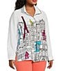 Color:White Multi - Image 3 - Plus Size Woven Novelty Print Wire Collar Long Roll-Tab Sleeve Button-Front Tunic