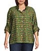 John Mark Plus Size Woven Parrot Print Wire Collar 3/4 Cinched Tie Sleeve Hi Low Hem Button Front Tunic, Color:Dark Olive - Image 1