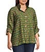 John Mark Plus Size Woven Parrot Print Wire Collar 3/4 Cinched Tie Sleeve Hi Low Hem Button Front Tunic, Color:Dark Olive - Image 3