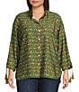 John Mark Plus Size Woven Parrot Print Wire Collar 3/4 Cinched Tie Sleeve Hi Low Hem Button Front Tunic, Color:Dark Olive - Image 5