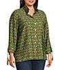 John Mark Plus Size Woven Parrot Print Wire Collar 3/4 Cinched Tie Sleeve Hi Low Hem Button Front Tunic, Color:Dark Olive - Image 7