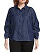 John Mark Plus Size Woven Point Collar 3/4 Tucked Sleeve Button-Front Blouse, Color:Dark Indigo - Image 1