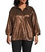 John Mark Plus Size Woven Point Collar Short Dolman Sleeve Shimmer Pleat Button Down Blouse, Color:Brown - Image 1