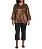 John Mark Plus Size Woven Point Collar Short Dolman Sleeve Shimmer Pleat Button Down Blouse, Color:Brown - Image 3