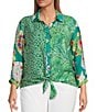 John Mark Plus Size Woven Printed Point Collar 3/4 Sleeve Tie-Front Shirt, Color:Green Aqua - Image 1