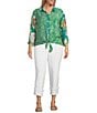 John Mark Plus Size Woven Printed Point Collar 3/4 Sleeve Tie-Front Shirt, Color:Green Aqua - Image 3