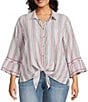 John Mark Plus Size Woven Yarn Dye Stripe Point Collar 3/4 Sleeve Zig-Zag Embroidered Ruffle Cuff Tie Front Shirt - Image 1