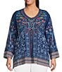 Color:Navy - Image 1 - Plus Slize Woven All Over Embroidered Floral Print V-Neckline 3/4 Sleeve Tunic