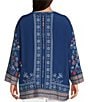 Color:Navy - Image 2 - Plus Slize Woven All Over Embroidered Floral Print V-Neckline 3/4 Sleeve Tunic