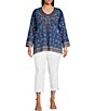 Color:Navy - Image 3 - Plus Slize Woven All Over Embroidered Floral Print V-Neckline 3/4 Sleeve Tunic