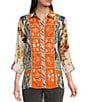 Color:Multi - Image 1 - Point Collar Button Front Long Roll-Tab Sleeve Embroidered Panel Multi Print Tunic