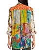 Color:Multi - Image 2 - Point Collar Button Front Long Roll-Tab Sleeve Embroidered Panel Multi Print Tunic