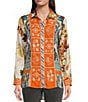 Color:Multi - Image 3 - Point Collar Button Front Long Roll-Tab Sleeve Embroidered Panel Multi Print Tunic