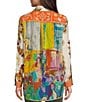 Color:Multi - Image 4 - Point Collar Button Front Long Roll-Tab Sleeve Embroidered Panel Multi Print Tunic