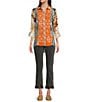 Color:Multi - Image 5 - Point Collar Button Front Long Roll-Tab Sleeve Embroidered Panel Multi Print Tunic