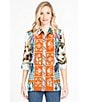 Color:Multi - Image 6 - Point Collar Button Front Long Roll-Tab Sleeve Embroidered Panel Multi Print Tunic