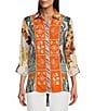John Mark Point Collar Button Front Long Roll-Tab Sleeve Embroidered Panel Multi Print Tunic, Color:Multi - Image 1