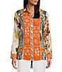John Mark Point Collar Button Front Long Roll-Tab Sleeve Embroidered Panel Multi Print Tunic, Color:Multi - Image 3
