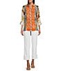 John Mark Point Collar Button Front Long Roll-Tab Sleeve Embroidered Panel Multi Print Tunic, Color:Multi - Image 5