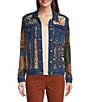 Color:Multi - Image 1 - Point Collar Long Cuff Sleeve Cut-Out Multi Print Patch Denim Jacket
