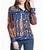 Color:Multi - Image 3 - Point Collar Long Cuff Sleeve Cut-Out Multi Print Patch Denim Jacket