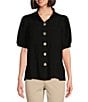 Color:Black - Image 1 - Point Collar Short Puff Sleeve Button Front Blouse