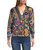 John Mark Printed Crochet All Over Floral Felting V-Neck Long Sleeve Button Front Cardigan, Color:Multi - Image 1
