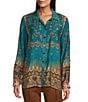 John Mark Printed Point Collar 3/4 Sleeve Button Down Tunic, Color:Teal Print - Image 1
