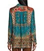 John Mark Printed Point Collar 3/4 Sleeve Button Down Tunic, Color:Teal Print - Image 2