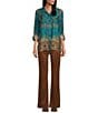 John Mark Printed Point Collar 3/4 Sleeve Button Down Tunic, Color:Teal Print - Image 3
