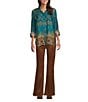 John Mark Printed Point Collar 3/4 Sleeve Button Down Tunic, Color:Teal Print - Image 5
