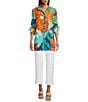 John Mark Printed Wire Collar 3/4 Cinch Tie Sleeve Button Front Tunic, Color:Multi - Image 5