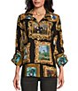 John Mark Printed Wire Collar Cinch Tie Sleeve Button Front Top,Specials : American Fashion Style Bags On Sale