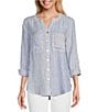 Color:Blue Stripe - Image 1 - Printed Woven Banded Collar Long Roll-Tab Sleeve Button-Front Tunic
