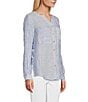 Color:Blue Stripe - Image 4 - Printed Woven Banded Collar Long Roll-Tab Sleeve Button-Front Tunic